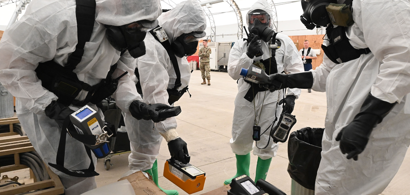 North Dakota National Guard members from left to right Sgt. Travis Johnson, Master Sgt. Dennis Olsen, Sgt. Brent LaFontaine and Master Sgt. Craig Akerstrom, use hazardous material detection equipment during exercise Vigilant Guard at the N.D. Air National Guard Base, Fargo, N.D., Aug. 4, 2020. 119th Wing Emergency Management personnel teamed up with members of the North Dakota National Guard 81st Civil Support Team for a hazardous material detection exercise as part of exercise Vigilant Guard at the North Dakota Air National Guard regional training site. (U.S. Air National Guard photo by Chief Master Sgt. David H. Lipp)