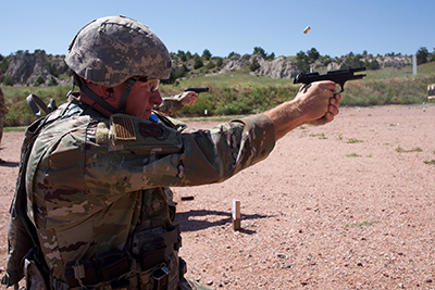 Senior Master Sgt. Wade Swenson, North Dakota Air National Guard, shoots a course of fire July 28, 2019, at Camp Guernsey, Wyo.