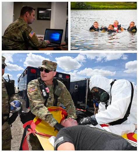 From top left: 1st. Lt. Scott Leier; Network Systems Platoon Leader, 426th Signal Company, responds to a simulated cyber incident during Vigilant Guard 2020. Top right: Soldiers of the 957th Engineer Company retrieve a casualty mannequin from Crown Butte Dam during search and rescue exercise with the Morton County Sheriff's Department on Aug. 5, 2020. (Army National Guard photos by Staff Sgt. Ashley Johlfs, 116th Public Affairs Detachment). Bottom: Sgt. 1st Class John Noyes, a medical technician with the 81st Civil Support Team, treats simulated exercise victim Sgt. Travis Johnson, also of the 81st Civil Support Team, for injuries during exercise Vigilant Guard at the N.D. Air National Guard Base, Fargo, N.D., Aug. 4, 2020. (Air National Guard photo by Chief Master Sgt. David H Lipp)