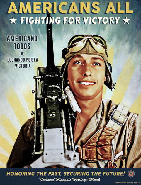 National Hispanic Heritage Month is observed annually in the United States from September 15 to October 15, by celebrating the histories, cultures and contributions of American citizens whose ancestors came from Spain, Mexico, the Caribbean and Central and South America. This is a WWII-era poster.