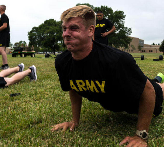 Sgt. Brandon Wendland, 957th Engineer Company, does hand release push ups during the Army Combat Fitness Test during the 2021 State North Dakota National Guard Best Warrior Competition at Camp Grafton Training Center on Aug. 13, 2020. (U.S. Army National Guard photo by Spc. Kristin L. Berg, 116th Public Affair Detachment/Released)
