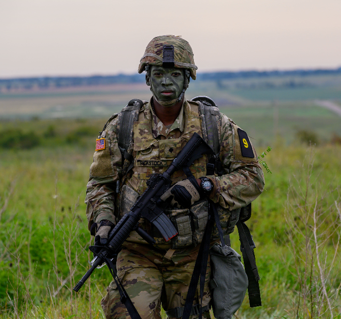 Spc. LaSean Pickstock, 957th Engineer Company, moves to his next station during common Soldier tasks during the N.D. National Guard Best Warrior Competition at Camp Grafton Training Center on Aug. 15, 2020. (U.S. Army National Guard photo by Spc. Thea Jorgensen, 116th Public Affairs Detachment/Released)