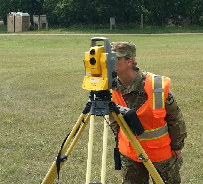 A Student of 12T10 (Technical Engineer Specialist) Class 006-19, Military Occupation Skill Training (MOST), works with survey instruments on Aug. 2, 2019 at Camp Grafton Training Center. (National Guard photo by Sgt. 1st Class Tyler Rupp, 164th Regional Training Institute).